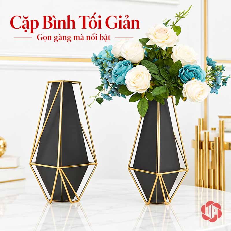 Bình Hoa Trang Trí Phòng Khách Kim Loại Đen Vàng Hình Học UP007 Cặp bình kim loại đen vàng thiết kế tối giản với hai chiều cao khác nhau