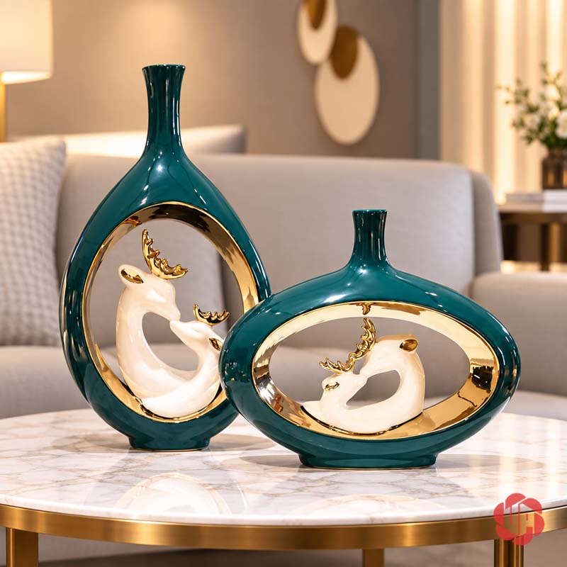 Cặp Bình Hoa Gốm Sứ Gia Đình Hươu Xanh Ngọc Cao Cấp UP068 Cặp bình gia đình hươu màu xanh ngọc trên bàn đá cạnh sofa màu sáng