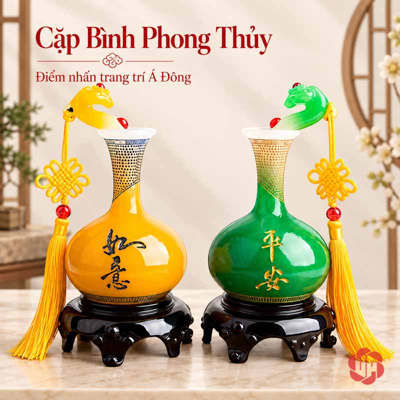 Cặp Bình Hút Lộc Phong Thủy Vàng Xanh Như Ý UP004 Cặp bình hút lộc màu vàng và xanh ngọc có chân đế đen