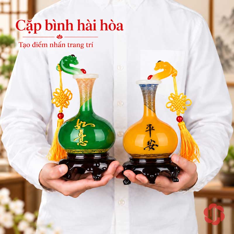Cặp Bình Hút Lộc Phong Thủy Vàng Xanh Như Ý UP004 Người mẫu cầm cặp bình hút lộc màu vàng xanh để tham khảo tỷ lệ