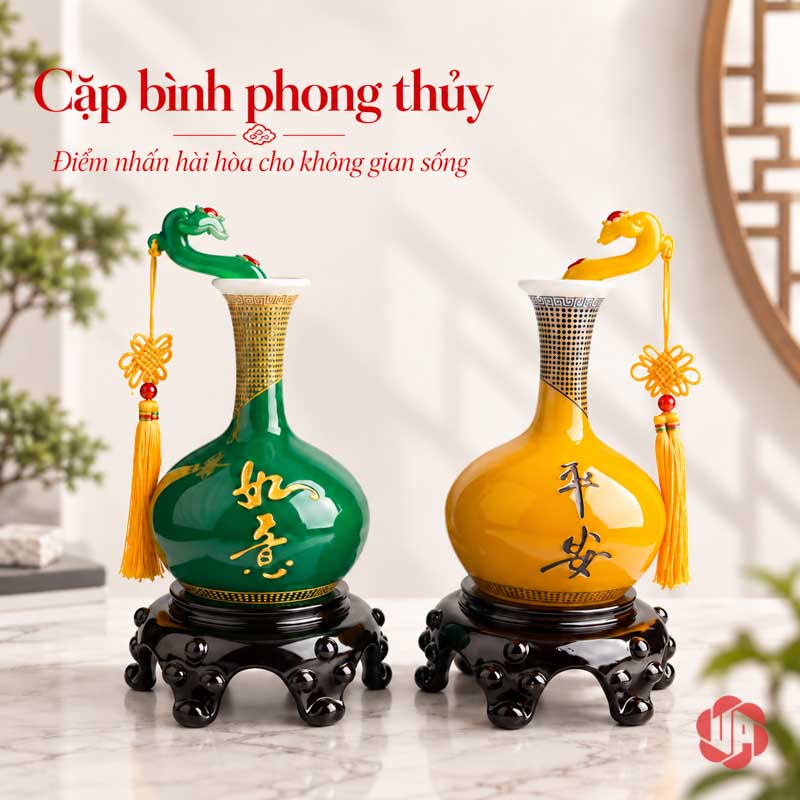 Cặp Bình Hút Lộc Phong Thủy Vàng Xanh Như Ý UP004 Hai bình phong thủy màu vàng xanh với cổ cao và họa tiết chữ