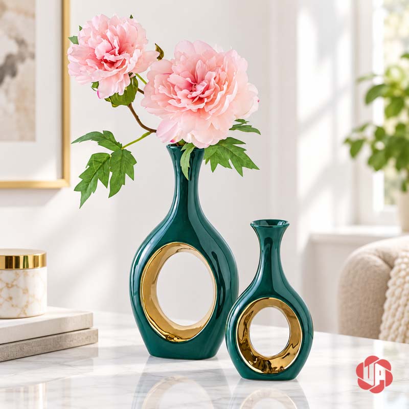 Cặp Bình Gốm Sứ Trang Trí Xanh Ngọc Vòng Tròn Ánh Kim UP060 Cặp bình gốm sứ xanh ngọc trang trí cùng cành hoa hồng màu hồng nhạt