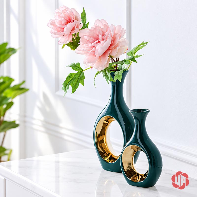 Cặp Bình Gốm Sứ Trang Trí Xanh Ngọc Vòng Tròn Ánh Kim UP060 Cặp bình decor xanh ngọc đặt trước cửa sổ cùng hoa hồng hồng phấn