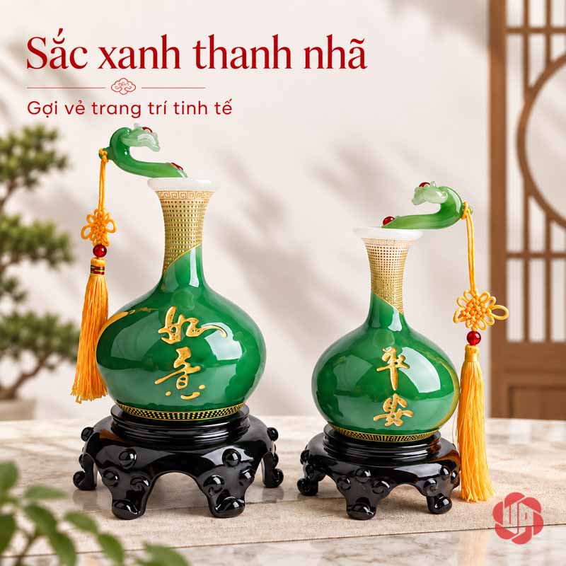 Cặp Bình Hút Lộc Phong Thủy Vàng Xanh Như Ý UP004 Cặp bình hút lộc xanh ngọc chụp trong không gian nội thất sáng
