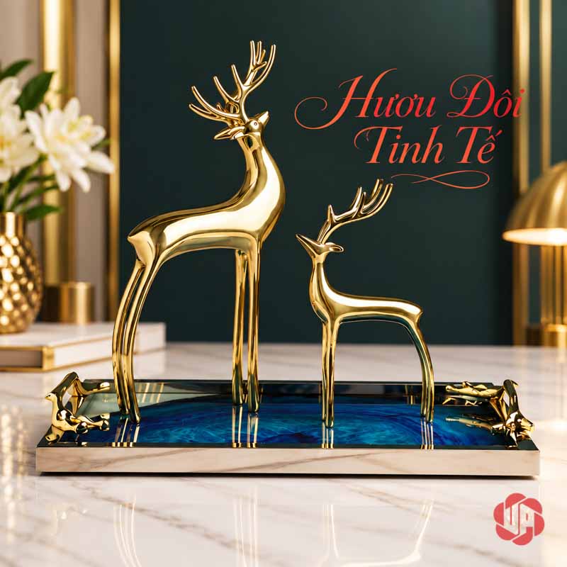 Cặp Hươu Đồng Trang Trí Nội Thất Nhà Đẹp UPD060 Cặp hươu đồng đặt trên khay xanh viền vàng