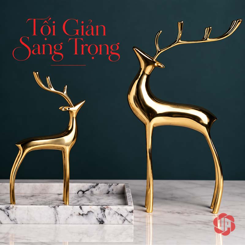 Cặp Hươu Đồng Trang Trí Nội Thất Nhà Đẹp UPD060 Cặp hươu đồng phối khay đá trắng trên nền xanh