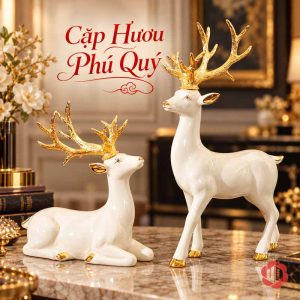 Cặp hươu trắng gạc vàng trên mặt bàn vân đá