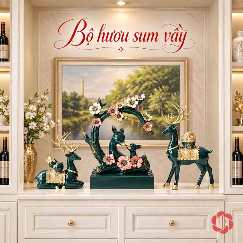 Cặp Hươu Trang Trí Và Gia Đình Hươu Tài Lộc UPV068 Bộ gia đình hươu đặt trong hộc tủ có tranh phía sau