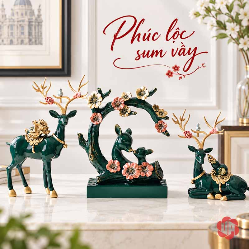 Cặp Hươu Trang Trí Và Gia Đình Hươu Tài Lộc UPV068 Bộ hươu xanh cổ vịt với cụm mẹ con hươu và vòm hoa