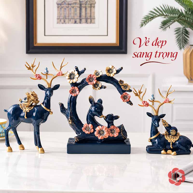 Cặp Hươu Trang Trí Và Gia Đình Hươu Tài Lộc UPV068 Bộ hươu xanh dương với vòm hoa ở giữa và hai hươu hai bên