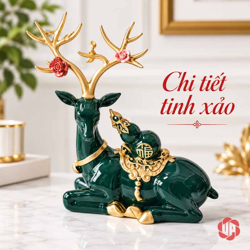 Cặp Hươu Trang Trí Và Gia Đình Hươu Tài Lộc UPV068 Hươu nằm màu xanh với gạc vàng và hồ lô nhỏ trên lưng