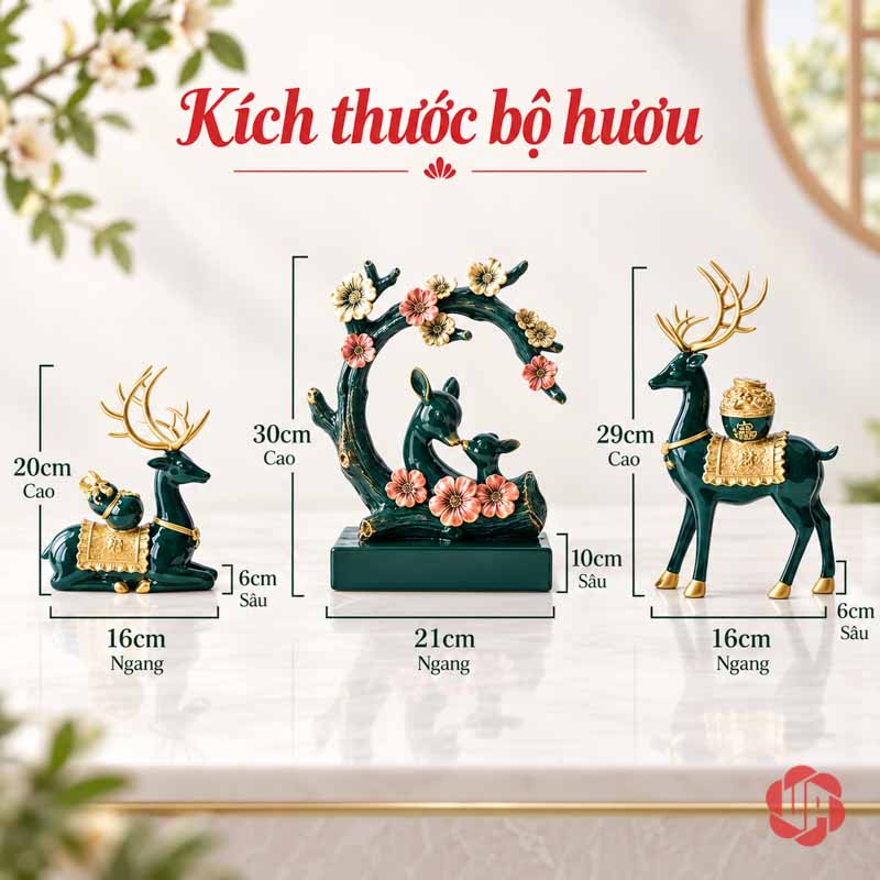 Cặp Hươu Trang Trí Và Gia Đình Hươu Tài Lộc UPV068 Ảnh kích thước hai hươu và cụm mẹ con hươu dưới vòm hoa