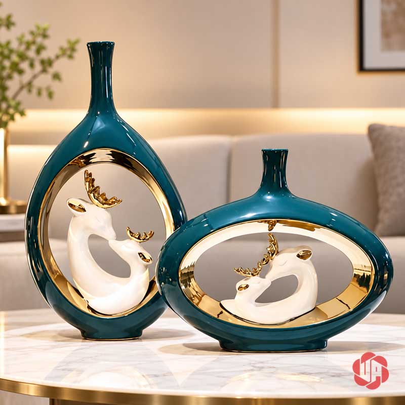 Cặp Bình Hoa Gốm Sứ Gia Đình Hươu Xanh Ngọc Cao Cấp UP068 Cặp lọ hoa xanh ngọc họa tiết hươu trắng bày trên bàn tròn phòng khách