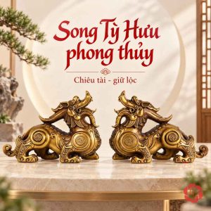 Cặp tỳ hưu phong thủy bằng đồng nằm đối nhau trong không gian nội thất sáng