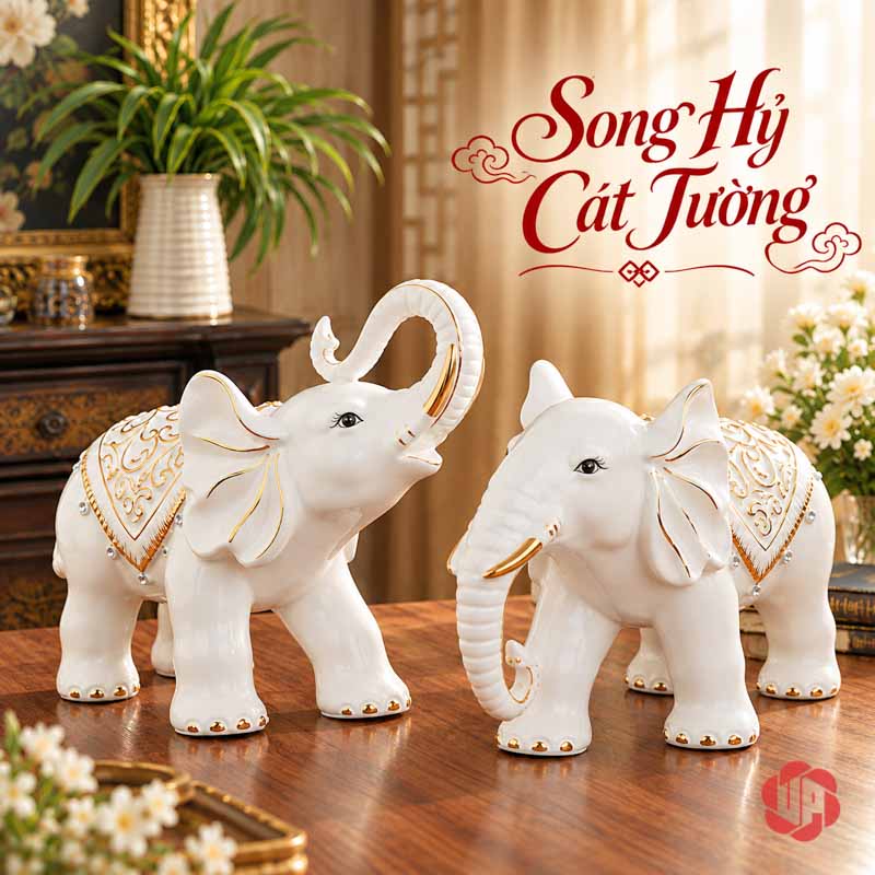 Đồ Trang Trí Nhà Đẹp Đôi Voi Gốm Sứ May Mắn UPS015 Cặp voi trắng trên bàn gỗ trong phòng sáng