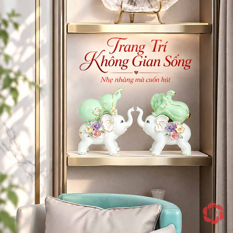 Tượng Trang Trí Đôi Voi Tài Lộc Hồ Lô Và Bắp Cải UPS033 Cặp voi xanh trắng trên kệ phía sau ghế sofa