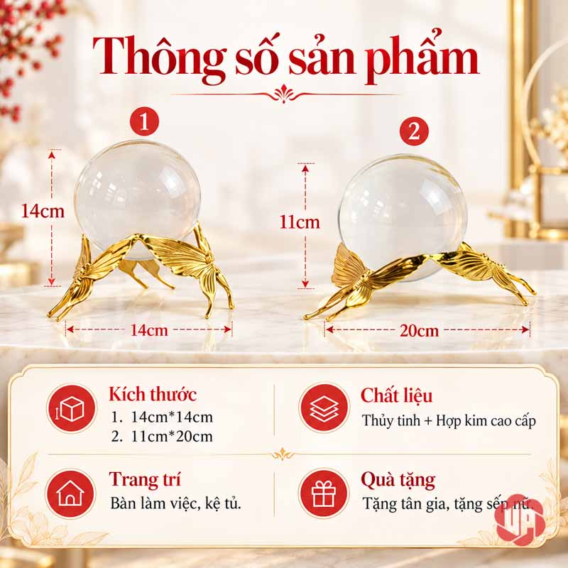 Cầu Thủy Tinh Trang Trí Chân Bướm Ánh Vàng UP013 Cầu thủy tinh trang trí với số đo hai mẫu chân bướm