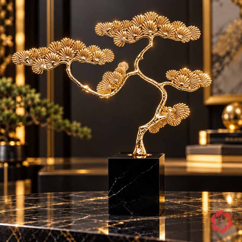 Cây Để Bàn Làm Việc Tùng Đồng Trên Đá UP067V Cây tùng vàng thân uốn trên đế đá đen