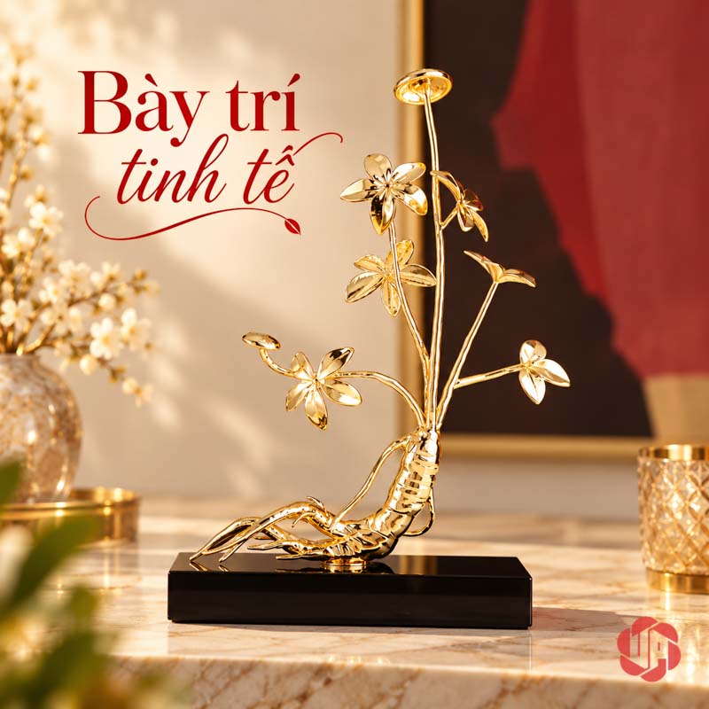 Tượng Decor Cây Nhân Sâm Đế Đá UP073V Tượng nhân sâm trước nền tranh màu đỏ
