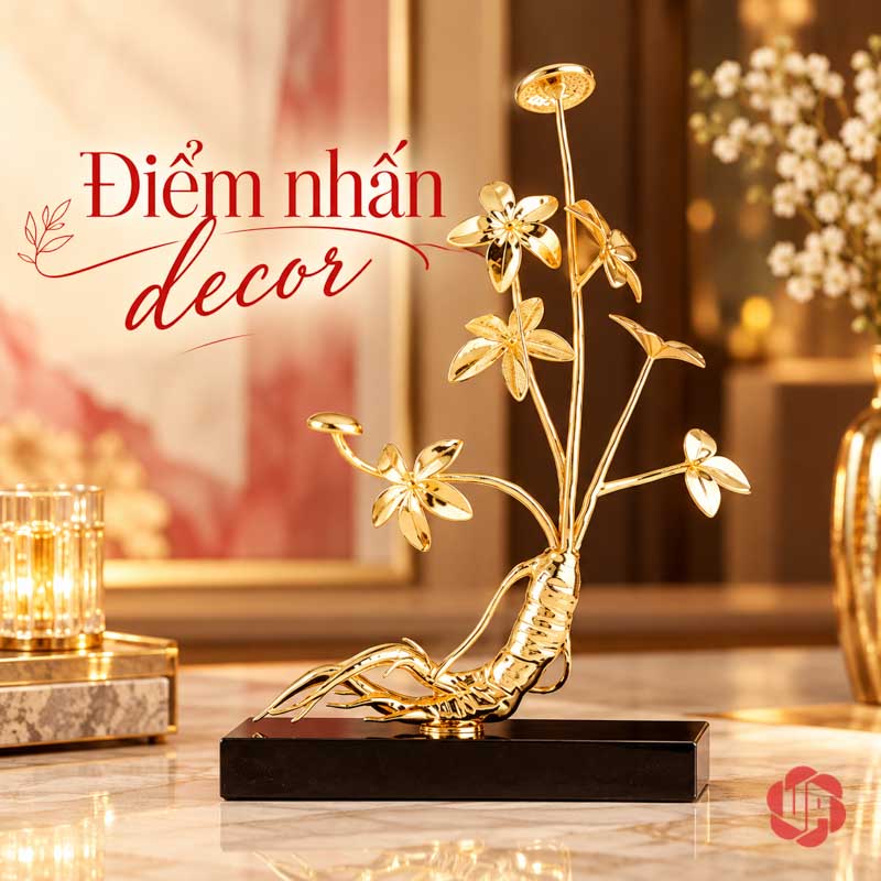 Tượng Decor Cây Nhân Sâm Đế Đá UP073V Tượng nhân sâm vàng trên bàn cạnh tranh