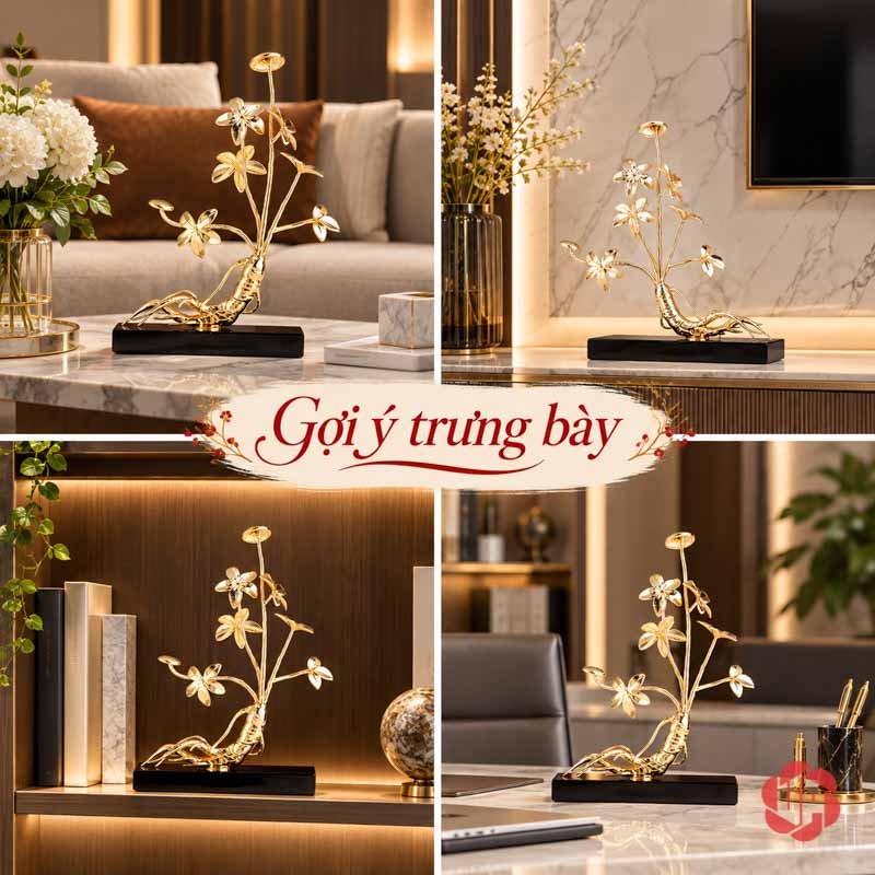 Tượng Decor Cây Nhân Sâm Đế Đá UP073V Ảnh ghép tượng nhân sâm trên bàn và kệ tủ
