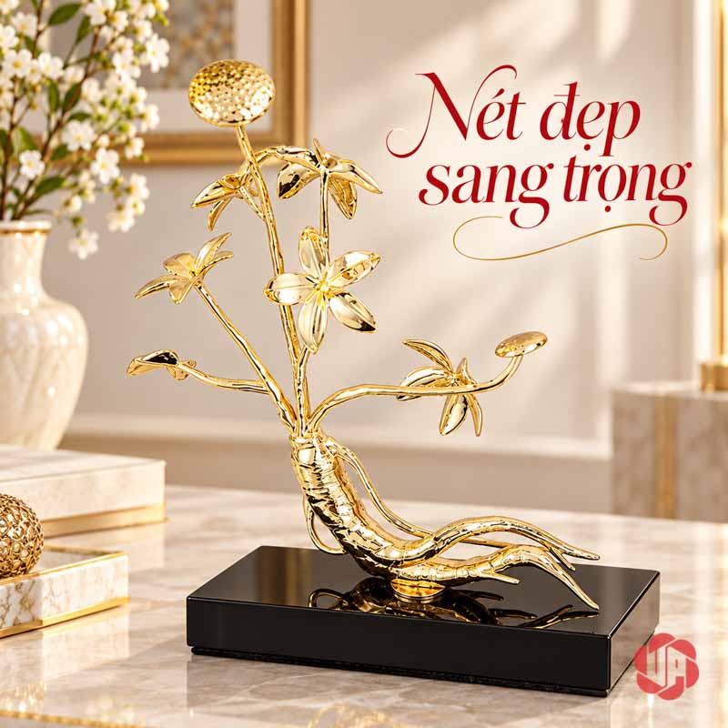 Tượng Decor Cây Nhân Sâm Đế Đá UP073V Toàn dáng củ nhân sâm và cành lá trên đế đá đen