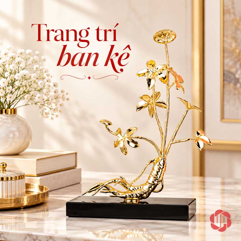 Tượng Decor Cây Nhân Sâm Đế Đá UP073V Cây nhân sâm vàng trên bàn cạnh sách và bình hoa