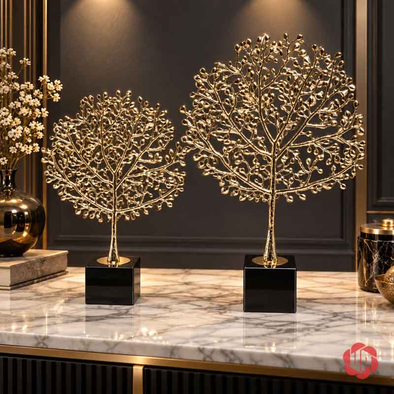 Decor Trang Trí Cây Phú Quý Vàng Đế Đá UP059 Hai cây phú quý lớn nhỏ trên bàn console