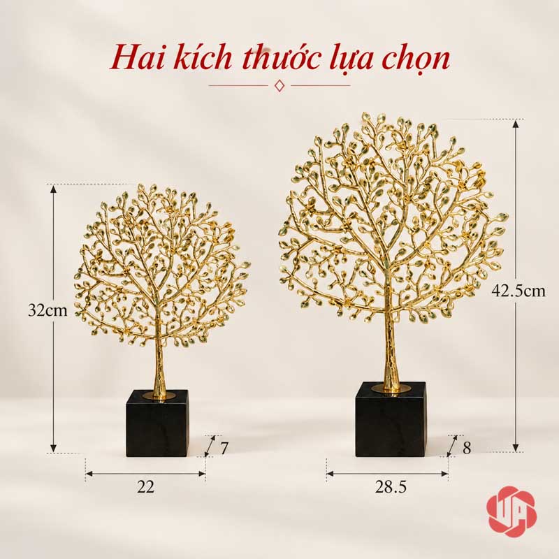 Decor Trang Trí Cây Phú Quý Vàng Đế Đá UP059 Sơ đồ hai cỡ cây phú quý cao 32 và 42,5 cm