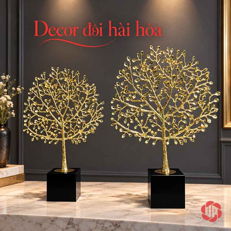 Decor Trang Trí Cây Phú Quý Vàng Đế Đá UP059 Hai cây phú quý vàng đặt cạnh nhau trên bàn sáng