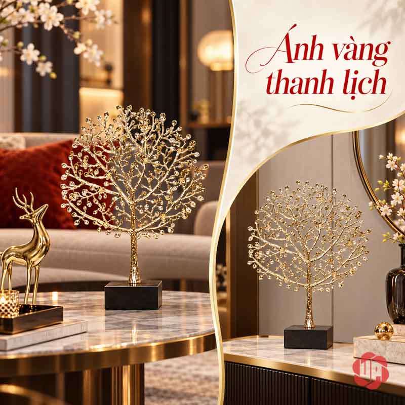 Decor Trang Trí Cây Phú Quý Vàng Đế Đá UP059 Ảnh ghép cây phú quý trên bàn phòng khách và trong kệ