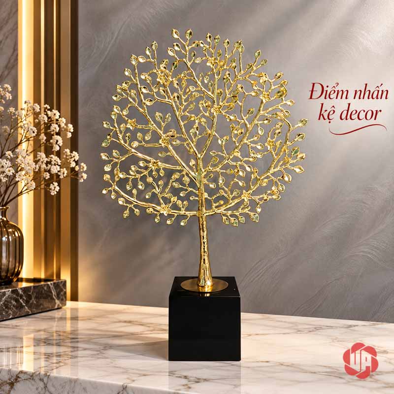 Decor Trang Trí Cây Phú Quý Vàng Đế Đá UP059 Cây phú quý vàng đặt riêng trên mặt bàn vân đá