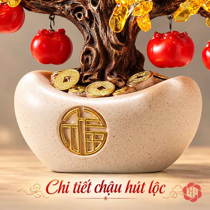 Cây Tiền Vàng Tài Lộc, Quả Hồng Đỏ Và Chim Nhỏ UPV001-QL Cận chậu trắng kem có họa tiết tròn ánh vàng và đồng xu quanh gốc cây