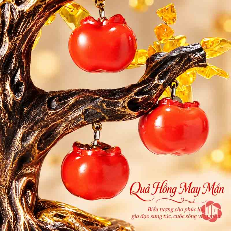 Cây Tiền Vàng Tài Lộc, Quả Hồng Đỏ Và Chim Nhỏ UPV001-QL Cận những quả hồng đỏ treo dưới nhánh cây nâu và hạt vàng