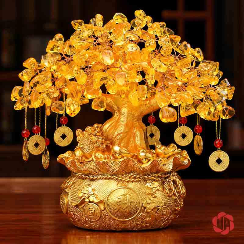 Cây Tiền Vàng Tài Lộc, Tán Hạt Vàng Treo Đồng Xu UPV001 Cây tán hạt vàng trên chậu tròn có huy hiệu đồng tiền và linh vật