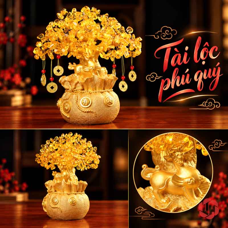 Cây Tiền Vàng Tài Lộc, Tán Hạt Vàng Treo Đồng Xu UPV001 Ảnh cây tài lộc với chi tiết hồ lô và các góc nhìn toàn dáng