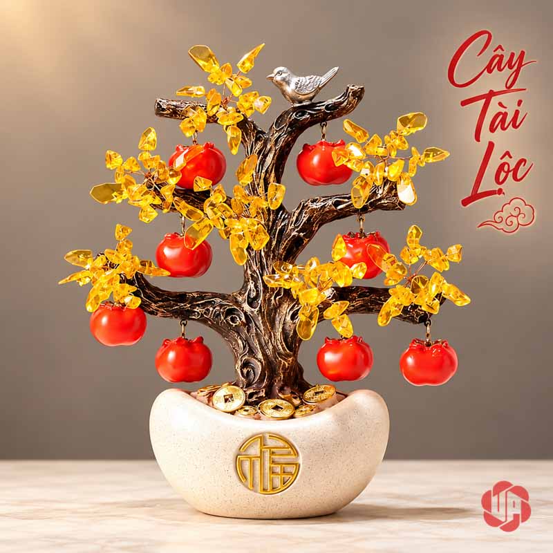 Cây Tiền Vàng Tài Lộc, Quả Hồng Đỏ Và Chim Nhỏ UPV001-QL Cây tài lộc quả đỏ, thân nâu và chậu trắng kem trên bàn sáng