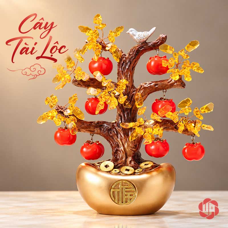 Cây Tiền Vàng Tài Lộc, Quả Hồng Đỏ Và Chim Nhỏ UPV001-QL Cây quả hồng đỏ, lá hạt vàng và chim nhỏ trên chậu vàng