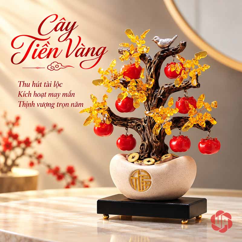 Cây Tiền Vàng Tài Lộc, Quả Hồng Đỏ Và Chim Nhỏ UPV001-QL Cây tài lộc chậu trắng được kê trên đế đen trong phòng sáng