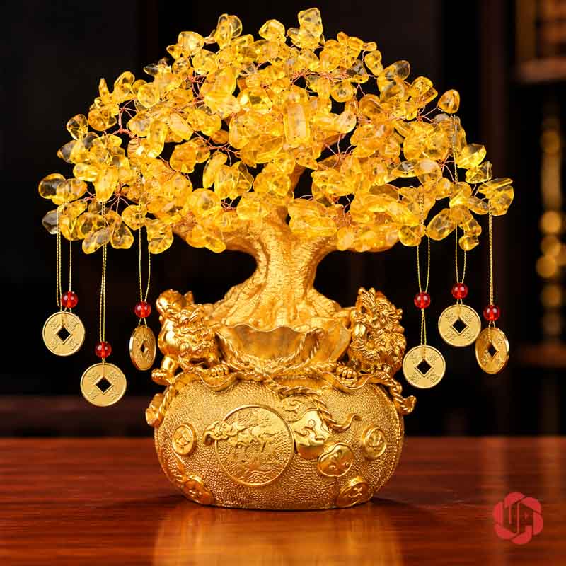 Cây Tiền Vàng Tài Lộc, Tán Hạt Vàng Treo Đồng Xu UPV001 Cây tài lộc thân cong, chậu tròn, các đồng xu treo quanh tán