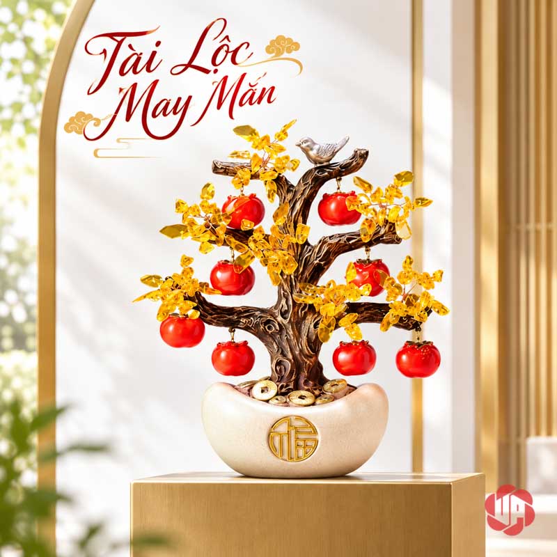 Cây Tiền Vàng Tài Lộc, Quả Hồng Đỏ Và Chim Nhỏ UPV001-QL Cây quả hồng đỏ chậu trắng đặt trên bục vuông màu vàng nhạt
