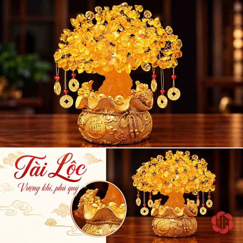 Cây Tiền Vàng Tài Lộc, Tán Hạt Vàng Treo Đồng Xu UPV001 Ảnh cây tiền vàng chậu tròn cùng các góc cận linh vật bên gốc