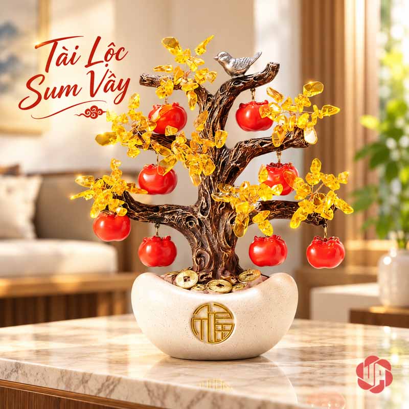 Cây Tiền Vàng Tài Lộc, Quả Hồng Đỏ Và Chim Nhỏ UPV001-QL Cây tài lộc chậu trắng đặt trên bàn trước nội thất tông ấm