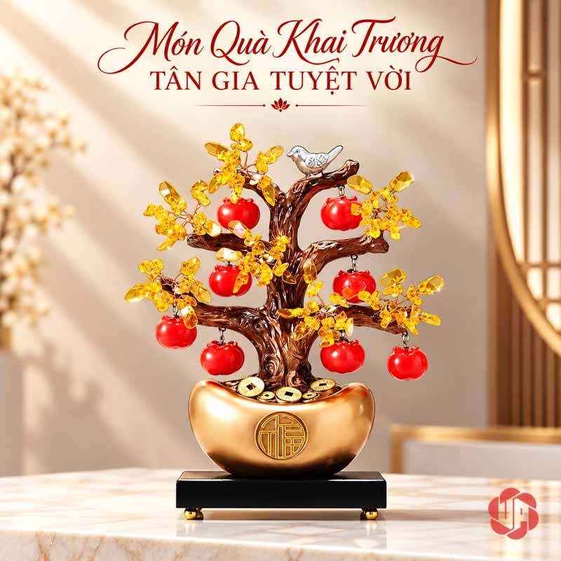 Cây Tiền Vàng Tài Lộc, Quả Hồng Đỏ Và Chim Nhỏ UPV001-QL Cây quả hồng đỏ chậu vàng bày trên đế kê đen