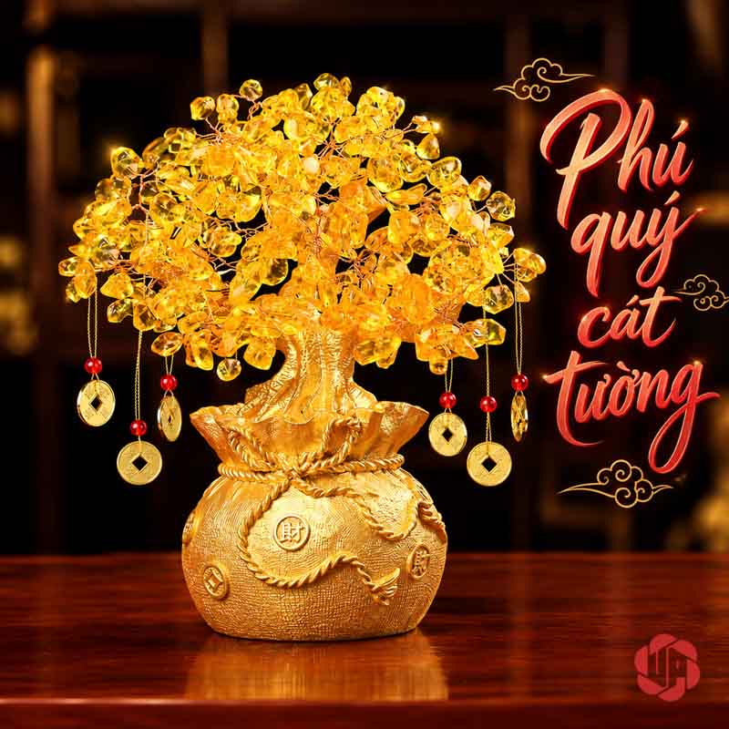 Cây Tiền Vàng Tài Lộc, Tán Hạt Vàng Treo Đồng Xu UPV001 Cây tiền vàng tán hạt trong, chậu túi và đồng xu treo trên nền trầm
