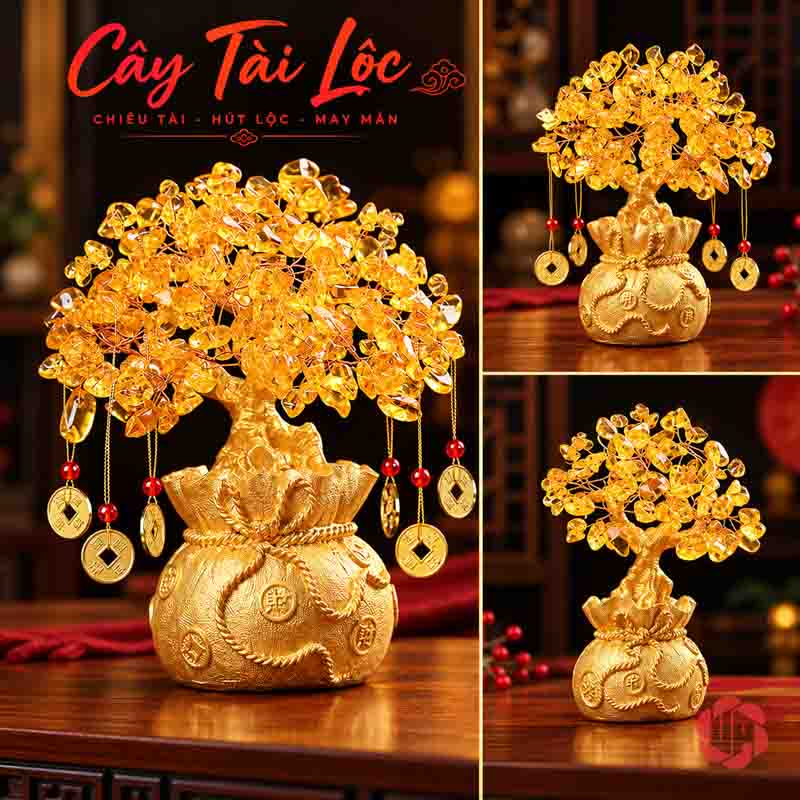 Cây Tiền Vàng Tài Lộc, Tán Hạt Vàng Treo Đồng Xu UPV001 Ảnh ghép cây tán hạt vàng cùng các góc nhìn chậu khác nhau