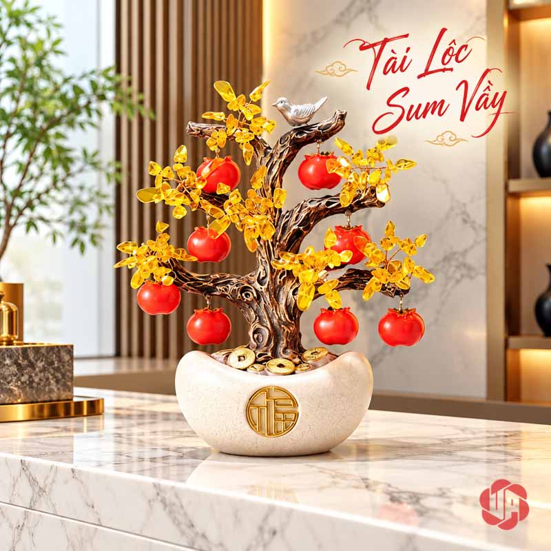 Cây Tiền Vàng Tài Lộc, Quả Hồng Đỏ Và Chim Nhỏ UPV001-QL Cây quả hồng đỏ chậu trắng trên mặt tủ sáng trong phòng