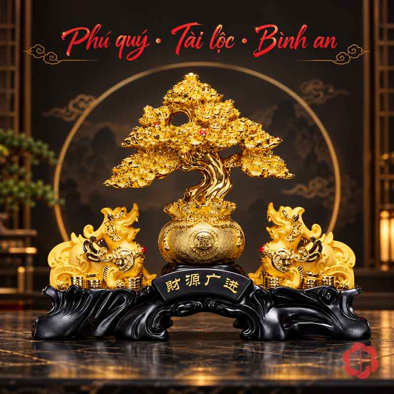 Cây Tiền Vàng Phong Thủy, Mẫu Tỳ Hưu Hoặc Thiềm Thừ UPV001-B Cây tiền vàng và đôi tỳ hưu trước phông tròn màu trầm