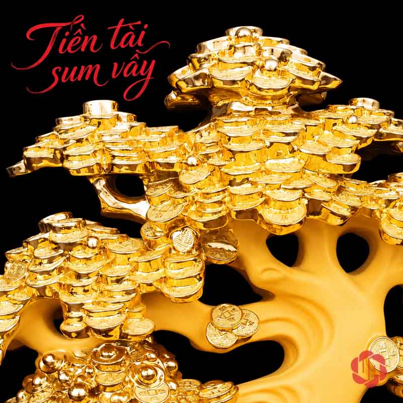 Vật Phẩm Phong Thủy Cây Tiền Vàng Tán Tầng UPV001-A Cận phần tán trên gồm nhiều lớp đồng tiền ánh vàng