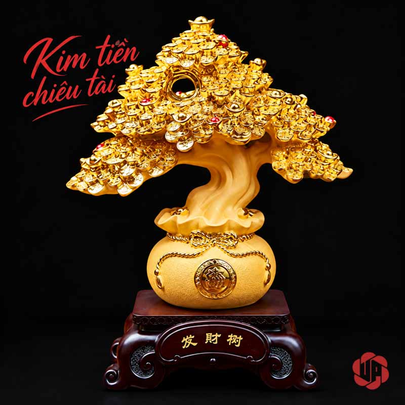 Cây Tiền Vàng Để Bàn, Chậu Tròn Hai Kích Thước UPV001-BM Cây tiền vàng tán tầng, thân uốn trên chậu tròn và đế trầm